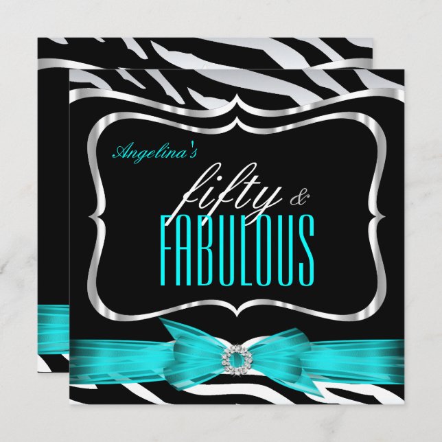 Fabulous 50 Teal Blue Zebra Black Elegant Birthday Invitation (Front/Back)