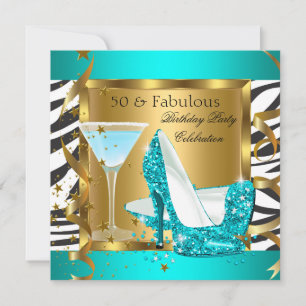 Fabulous 50 Teal Glitter High Heels Zebra Cocktail Invitation