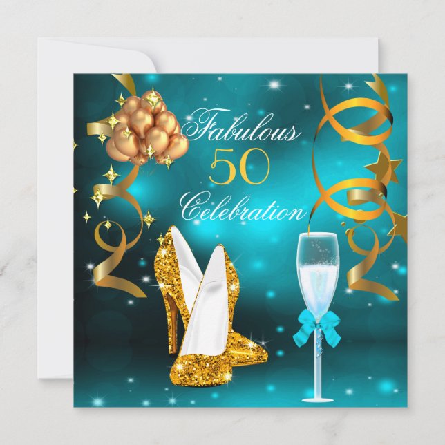 Fabulous 50 Teal Gold High Heel Champagne Party Invitation (Front)