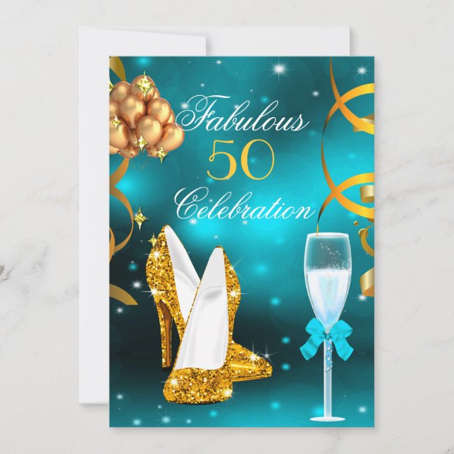 Fabulous 50 Teal Gold High Heel Champagne Party Invitation (Front)