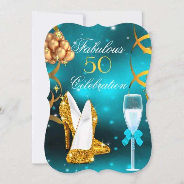 Fabulous 50 Teal Gold High Heel Champagne Party Invitation (Front)