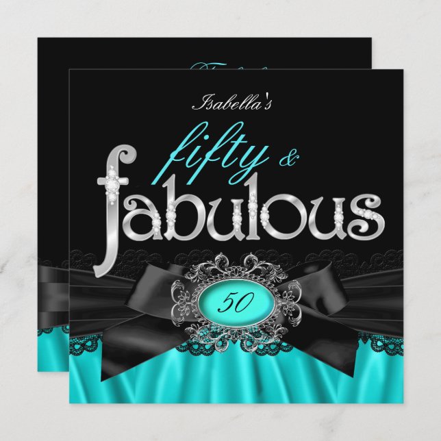 Fabulous 50 Teal Silk Black Lace Birthday Party Invitation (Front/Back)