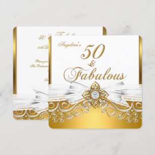 Fabulous 50 White Gold Damask Birthday Party Invitation