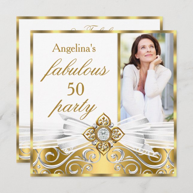 Fabulous 50 White Gold Faux Diamond Photo Birthday Invitation (Front/Back)