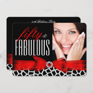 Fabulous 50 Wild Red Black Photo Birthday Party Invitation