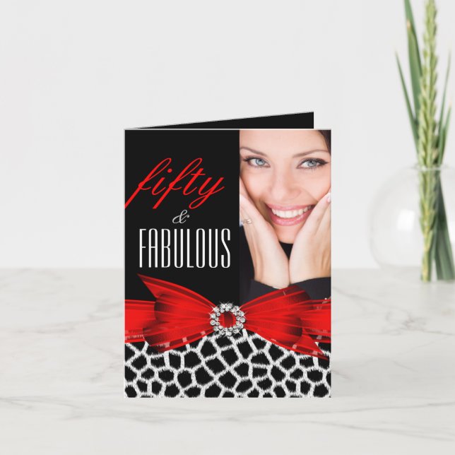 Fabulous 50 Wild Red Black Photo Happy Birthday Card (Front)