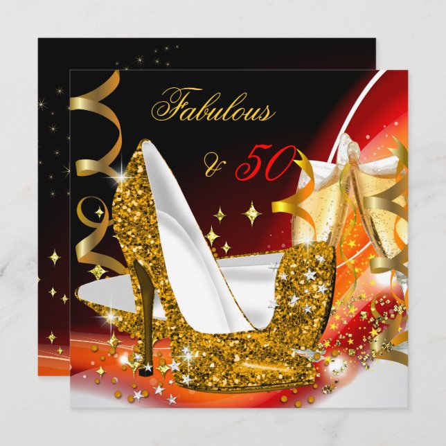Fabulous 50 Woman's Red Gold Birthday Party Invitation (Front/Back)