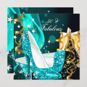Fabulous 50 Woman's Teal Blue Gold Birthday Party Invitation