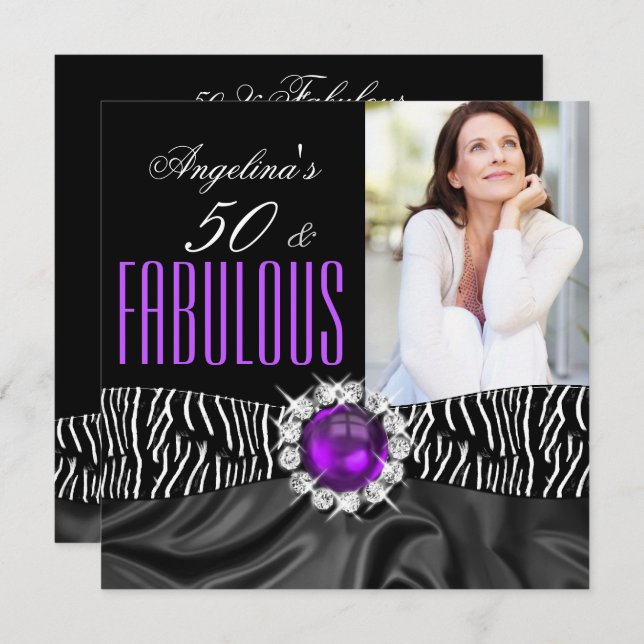 Fabulous 50 Zebra Black Silk Purple Birthday Party Invitation (Front/Back)