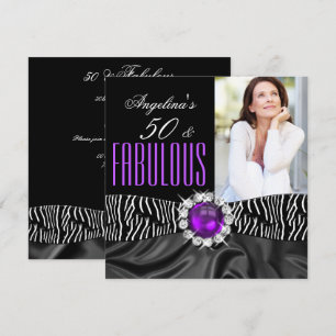 Fabulous 50 Zebra Black Silk Purple Birthday Party Invitation