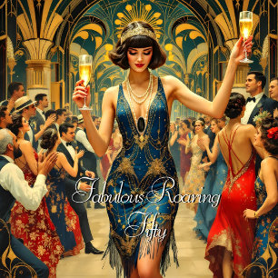 Fabulous 50th 1920’s Art deco Woman Blue Invitation