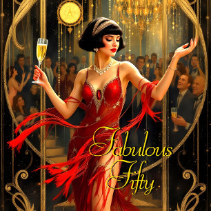 Fabulous 50th 1920’s Art deco Woman Red Invitation