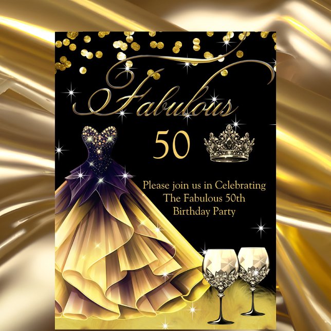 Fabulous 50th Birthday Black Gold Dress crown  Invitation (Creator Uploaded)