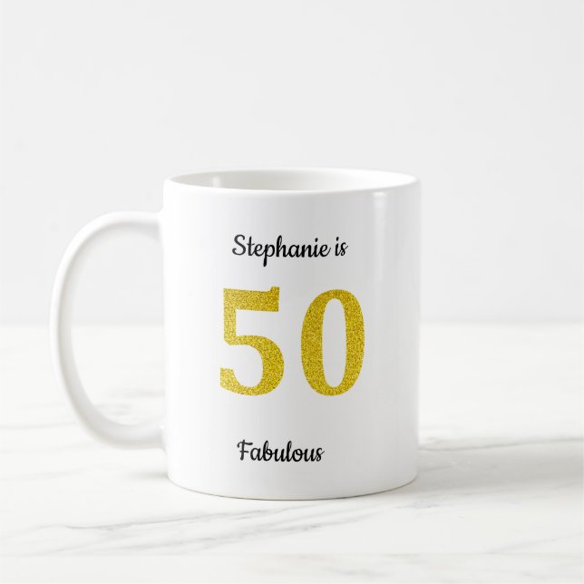 Fabulous 50th Birthday Gold Glitter Monogram Name Coffee Mug (Left)