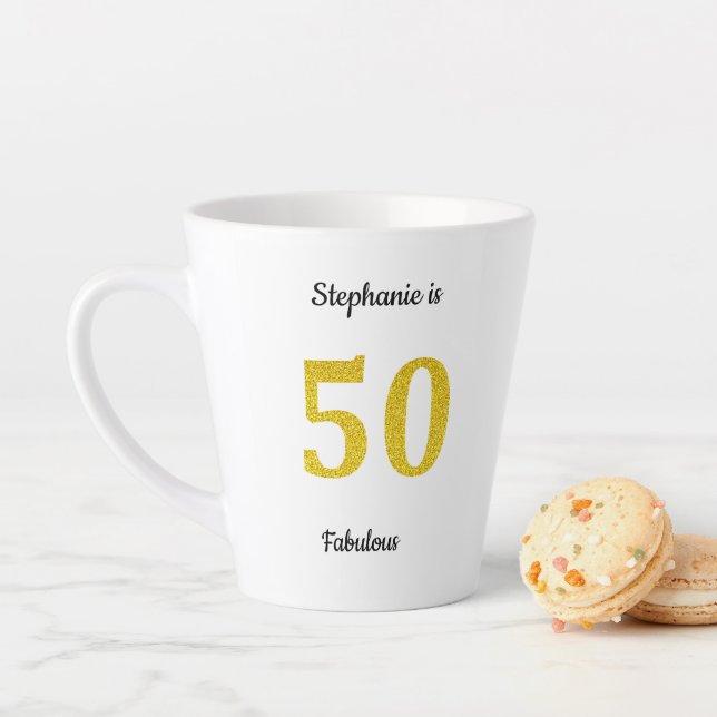 Fabulous 50th Birthday Gold Glitter Monogram Name Latte Mug (In Situ)