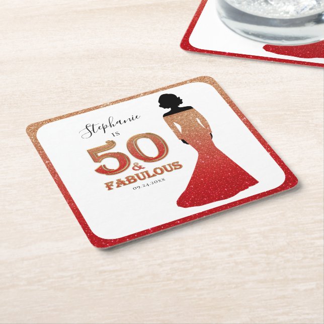 Fabulous 50th Birthday Ombre Glitter Gown Square Paper Coaster (Angled)