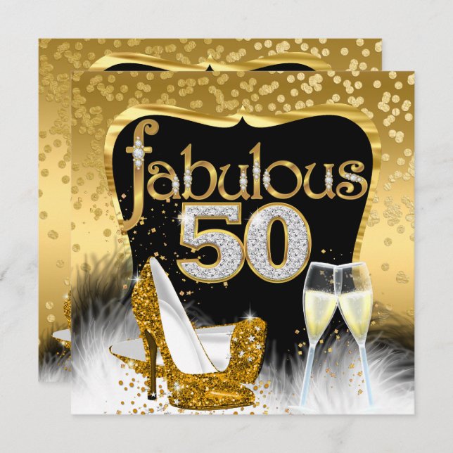 Fabulous 50th Birthday Party Gold Diamond Glitter Invitation (Front/Back)