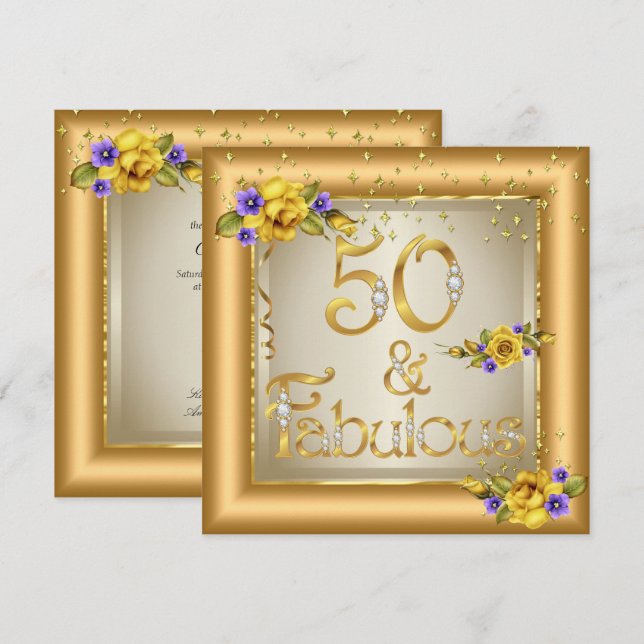 Fabulous 50th Birthday Party Gold Yellow Flower Invitation (Front/Back)