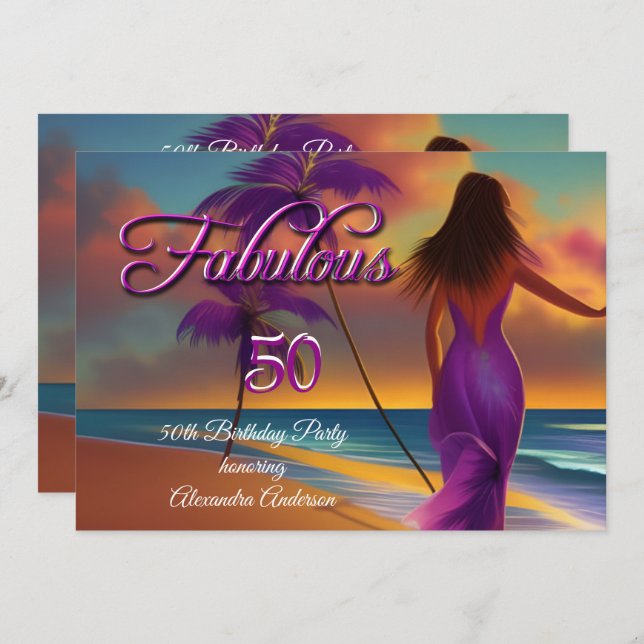 Fabulous 50th Birthday Purple Beach Ocean gold Invitation (Front/Back)