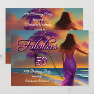 Fabulous 50th Birthday Purple Beach Ocean gold Invitation