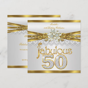 Fabulous 50th Birthday White Pearl Gold Lace Invitation