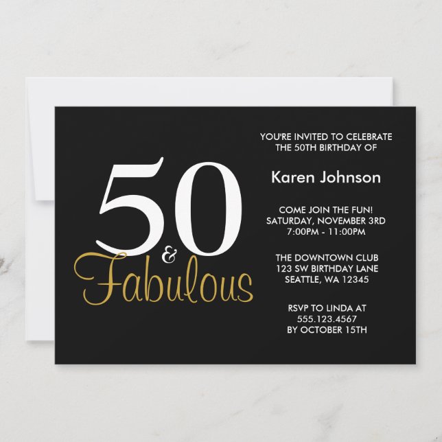 Fabulous 50th Black and Gold Birthday Party Invitation (Front)