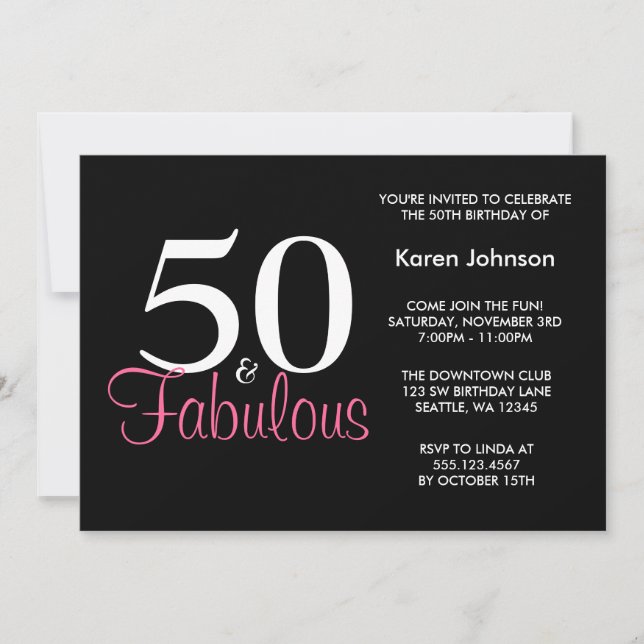 Fabulous 50th Black and Pink Birthday Invitation (Front)