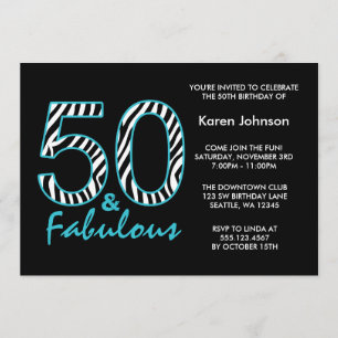 Fabulous 50th Black and Teal Zebra Birthday Invitation