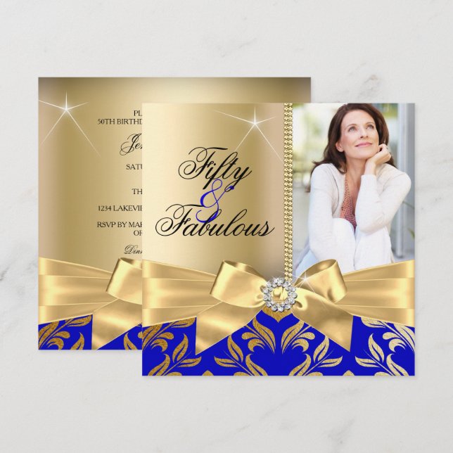 Fabulous 50th Blue Gold Leaf & Bow 50th Birthday Invitation (Front/Back)