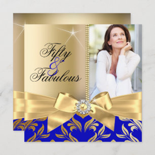 Fabulous 50th Blue Gold Leaf & Bow 50th Birthday Invitation