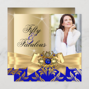 Fabulous 50th Blue Pearl Gold Leaf Bow Birthday Invitation