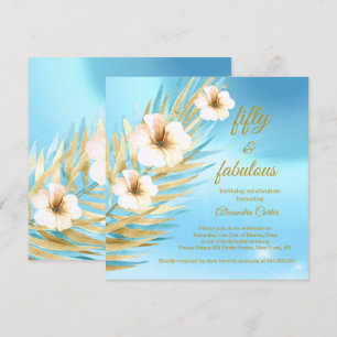 Fabulous 50th Blue Teal Gold White Floral Birthday Invitation