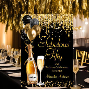 Fabulous 50th Glitter Gold Black Champagne Invitation