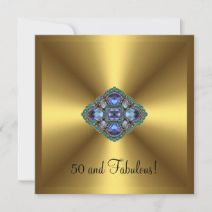 Fabulous 50th Gold Blue Jewel Elegant Birthday Invitation