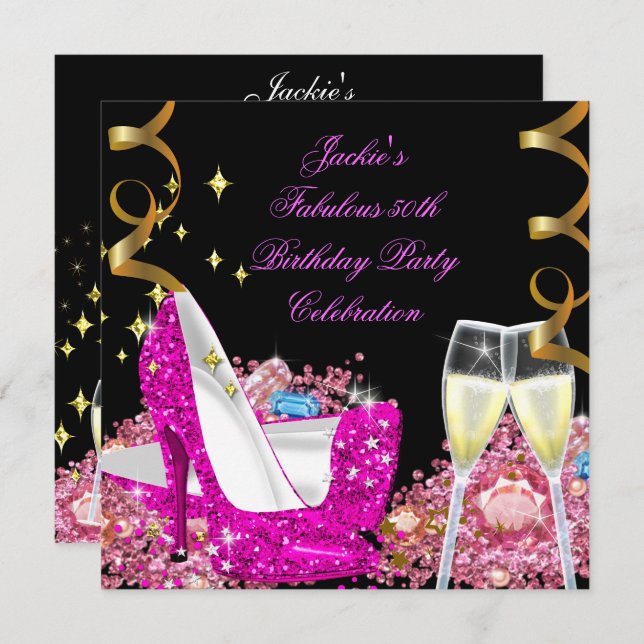 Fabulous 50th Hot Pink Glitter High Heel Birthday Invitation (Front/Back)