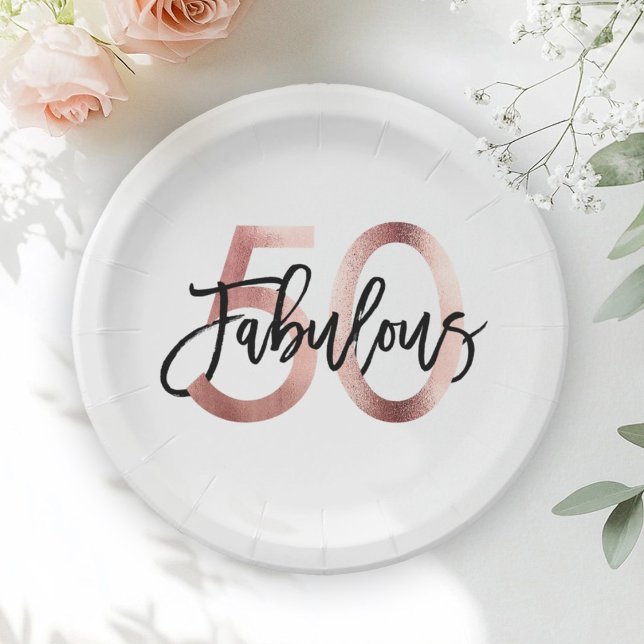 Fabulous 50th | Modern Elegant Rose Gold Birthday Paper Plate (Creator Uploaded)