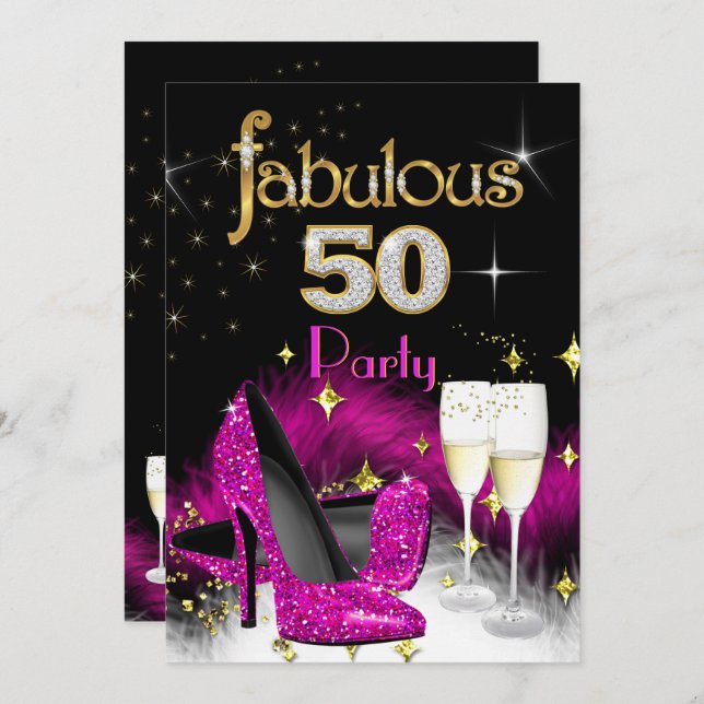 Fabulous 50th Party Glitter Hot Pink Champagne 2 Invitation (Front/Back)