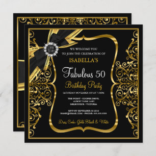Fabulous 50th Pearl Gold Lace Bow Black Invite