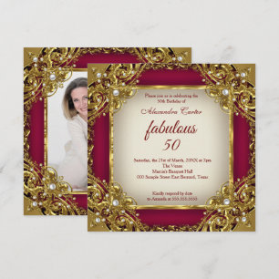 Fabulous 50th Photo burgundy red beige Gold Party Invitation