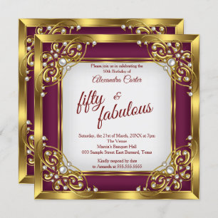 Fabulous 50th Photo burgundy red Gold Party Invitation