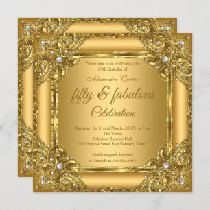 Fabulous 50th Photo Gold on Gold Pearl Party Invitation