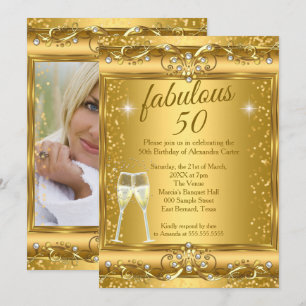 Fabulous 50th Photo sparkle Gold champagne Party Invitation