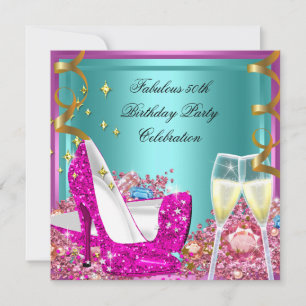 Fabulous 50th Pink Teal Glitter High Heel Birthday Invitation