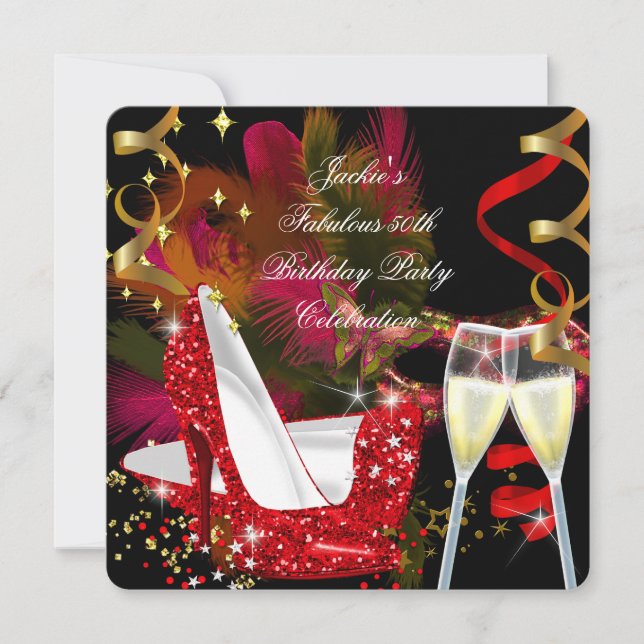 Fabulous 50th Red Gold Glitter High Heel Party Invitation (Front)