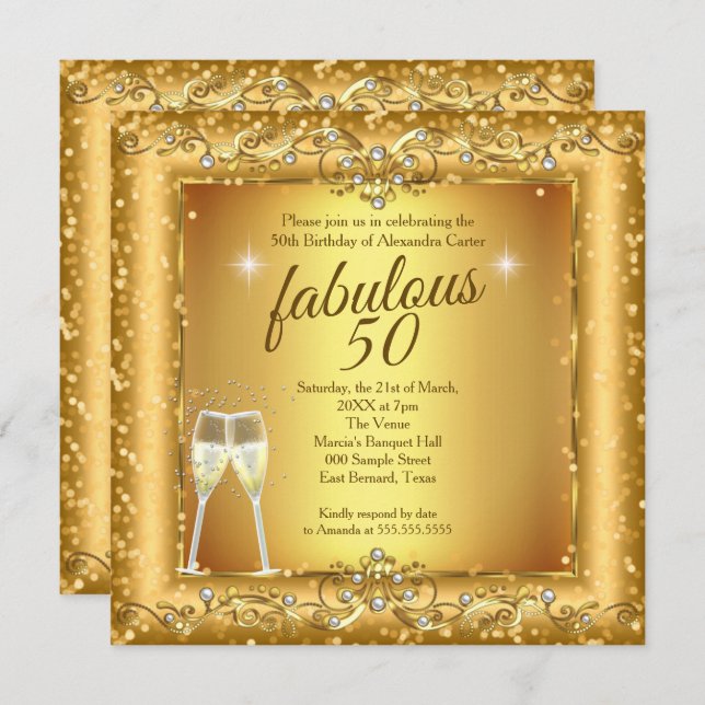 Fabulous 50th sparkle Gold champagne Party Photo Invitation (Front/Back)