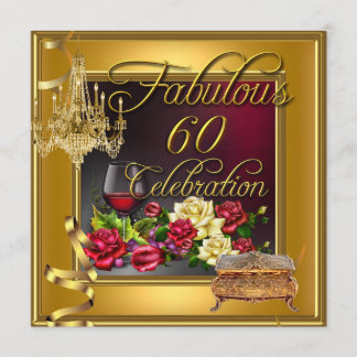 Fabulous 60 Celebration 60th Gold Red Roses Wine Invitation
