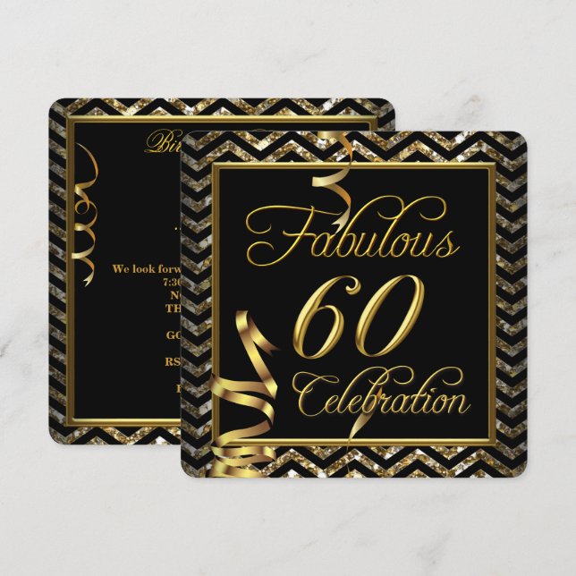 Fabulous 60 Chevron Gold Black Birthday Party Invitation (Front/Back)
