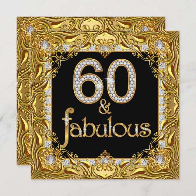Fabulous 60 Gold Diamond Black 60th Birthday Party Invitation (Front/Back)