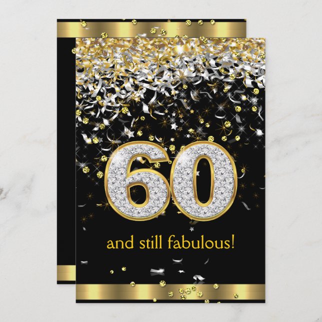 Fabulous 60 Gold Silver Streamers 60th Birthday B Invitation (Front/Back)