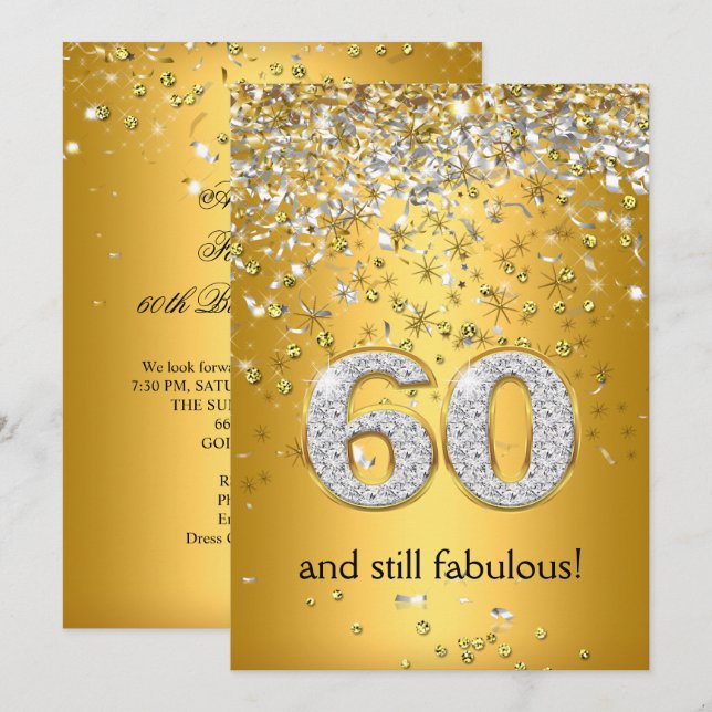 Fabulous 60 Gold Silver Streamers 60th Birthday Invitation (Front/Back)